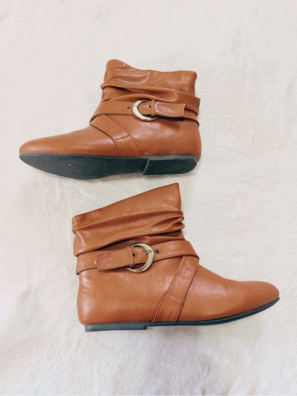 Buckle Cognac Slouch Ankle Booties with Gold Buckle